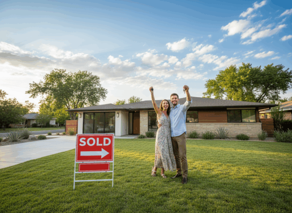 Couple in front of a house with a sold sign. The hosue is a contermporary ranch style 766525