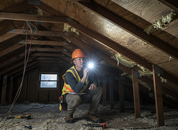 Firefly_Gemini Flash_a building inspector looking at a home in the attic with roof joists in the backgroun 362592_600